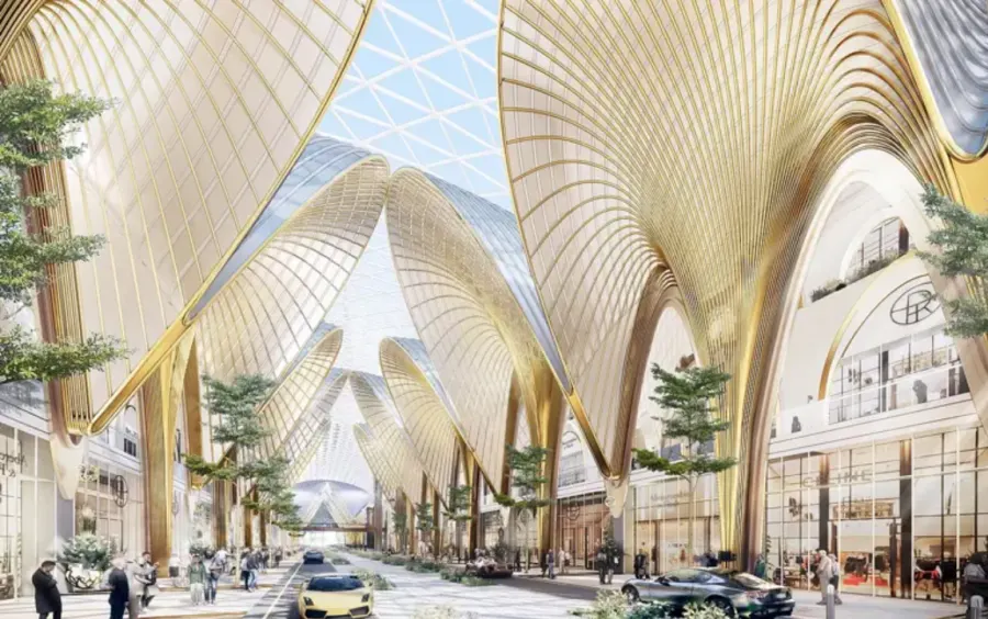 Dubai Square (Emaar-ի վիզուալիզացիա): խանութներով փողոց՝ բարձր ոսկեգույն և ապակե ծածկերի տակ