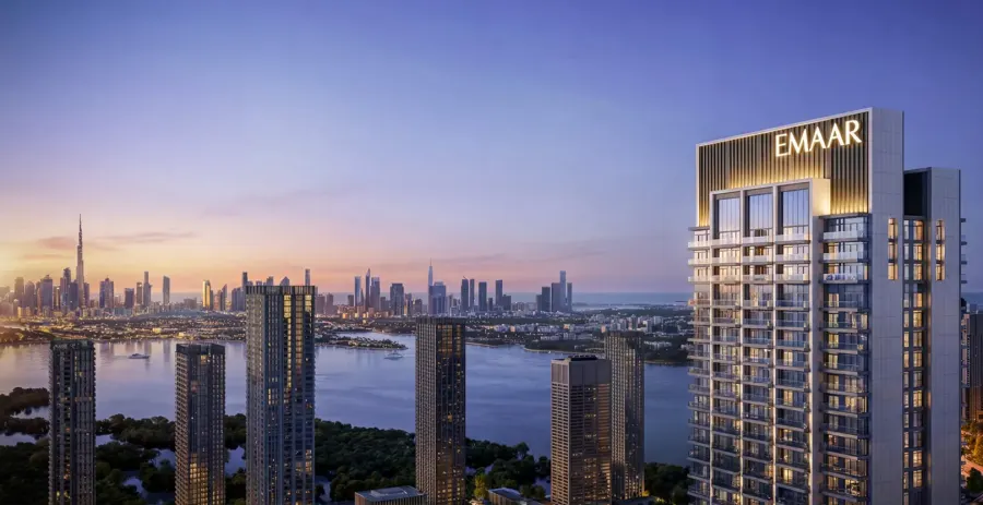 Valia-ն մթնշաղին, հետին պլանում՝ ծովածոցը և Downtown Dubai-ը (Emaar-ի վիզուալիզացիա)